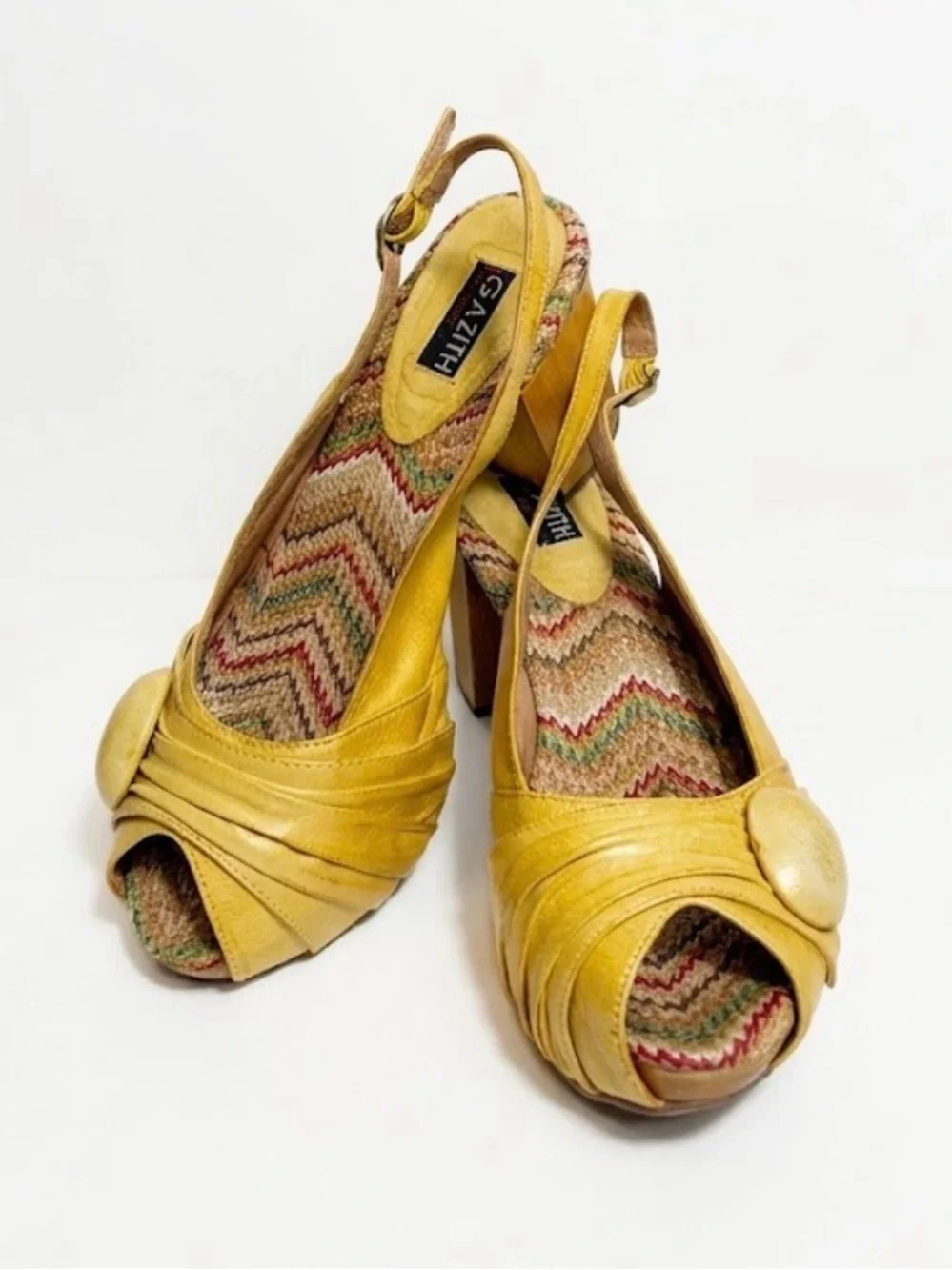 Gazith ⚜️💛⚜️ Chunky Wood Heel Peep-Toe Slingback Heels